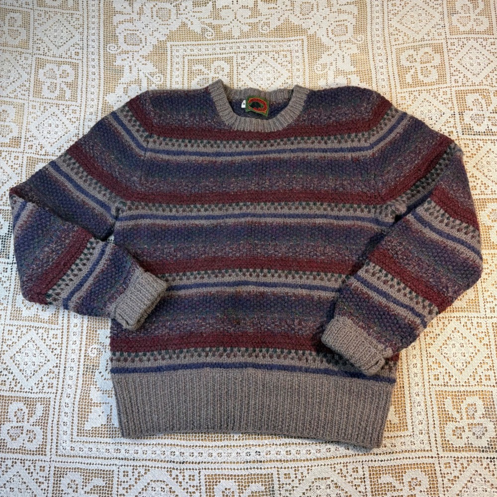 Vintage Boston Traders Striped Fisherman Knit Sweater Unisex Burgundy Blue M